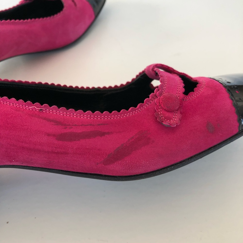 ♦️SOLD♦️SALVATORE FERRAGAMO Pink Suede Black Patent Leather Cap Toe Flat Loafer - Picture 11 of 14